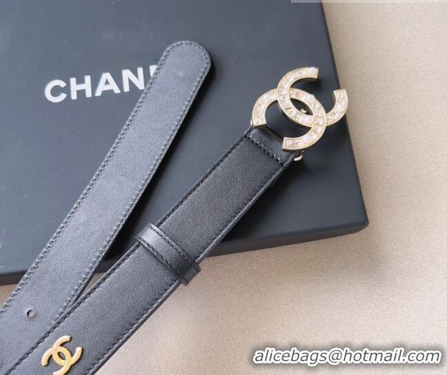 Top Design Chanel Leather Belt 3cm with CC Buckle,Crystals and Pearls CH8159 Black 2023