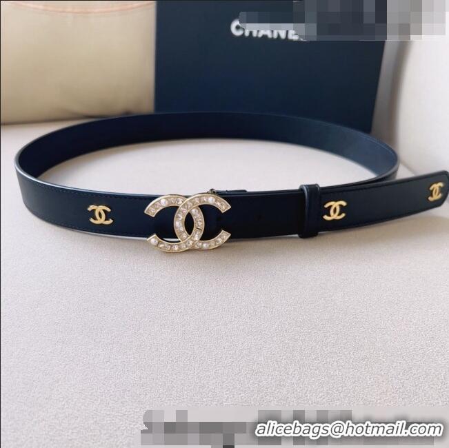 Top Design Chanel Leather Belt 3cm with CC Buckle,Crystals and Pearls CH8159 Black 2023