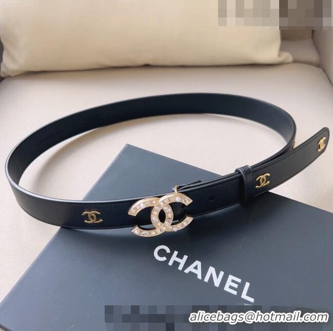 Top Design Chanel Leather Belt 3cm with CC Buckle,Crystals and Pearls CH8159 Black 2023