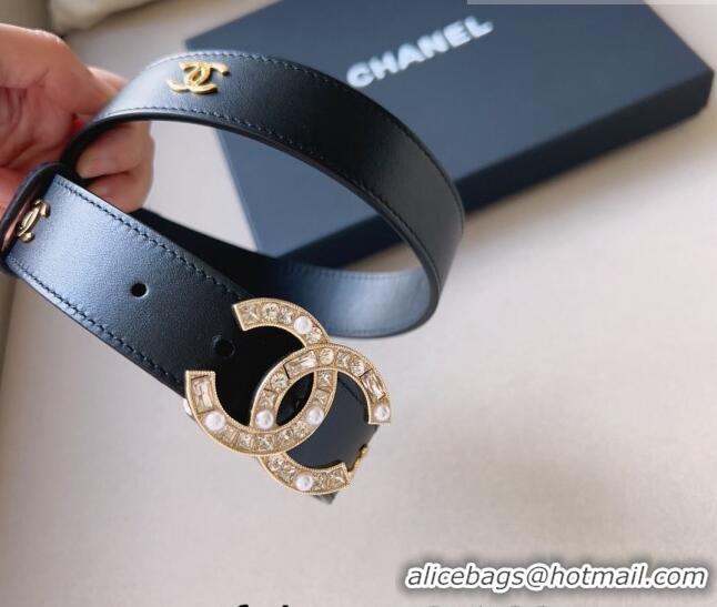 Top Design Chanel Leather Belt 3cm with CC Buckle,Crystals and Pearls CH8159 Black 2023