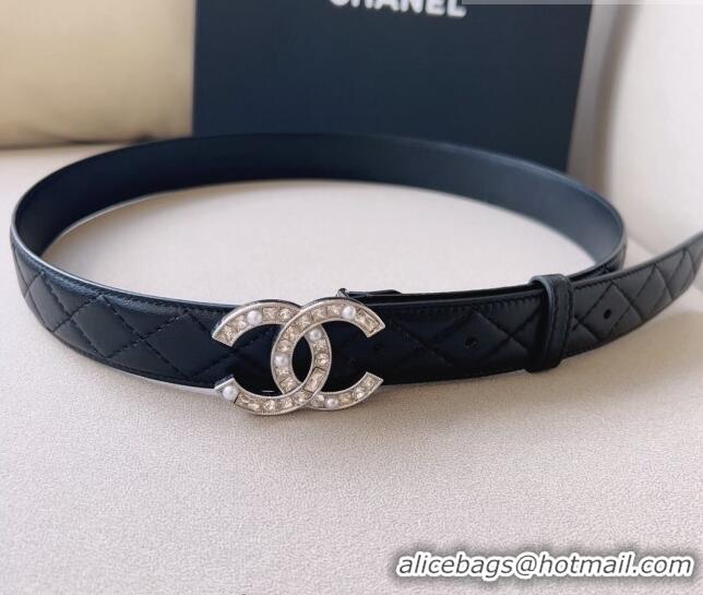 Well Crafted Chanel Quilted Leather Belt 3cm with CC Buckle,Crystals and Pearls CH8160 Black 2023