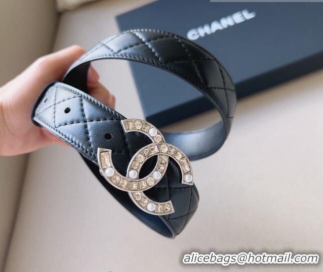 Well Crafted Chanel Quilted Leather Belt 3cm with CC Buckle,Crystals and Pearls CH8160 Black 2023