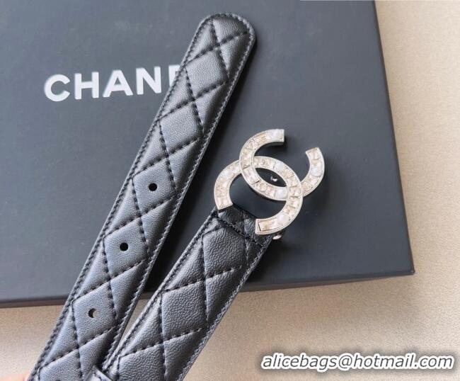 Well Crafted Chanel Quilted Leather Belt 3cm with CC Buckle,Crystals and Pearls CH8160 Black 2023