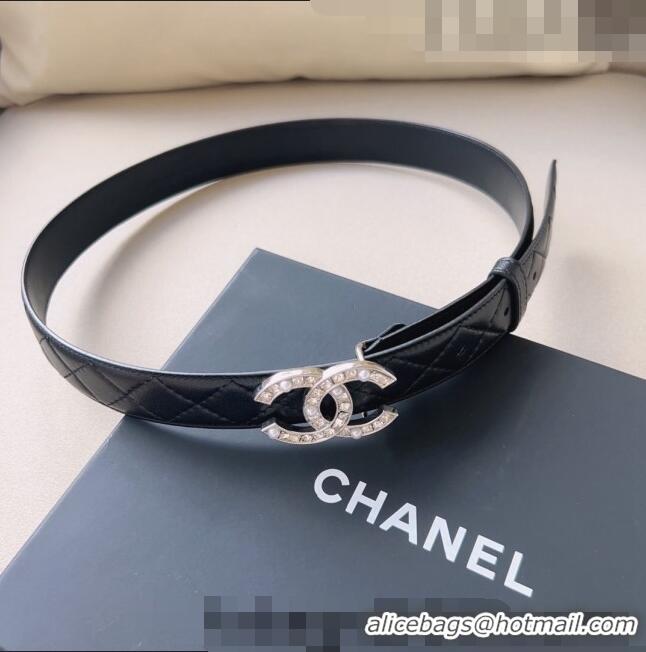 Well Crafted Chanel Quilted Leather Belt 3cm with CC Buckle,Crystals and Pearls CH8160 Black 2023