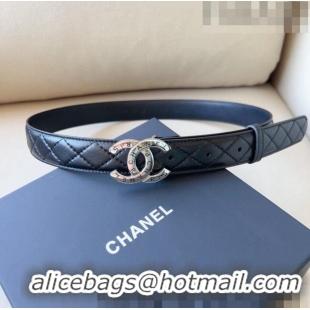 ​Low Cost Chanel Pharrell Quilted Leather Belt 3cm with Logo CC Buckle CH1028 Black/Silver 2023