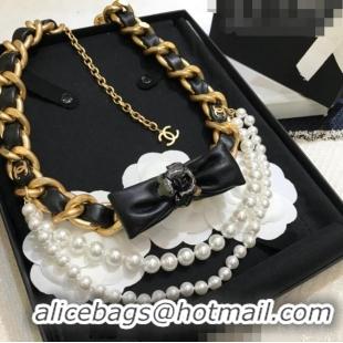 Luxury Cheap Chanel Chain Belt with Bow and Pearls CH1108 Black Leather 2023