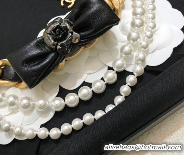 Luxury Cheap Chanel Chain Belt with Bow and Pearls CH1108 Black Leather 2023