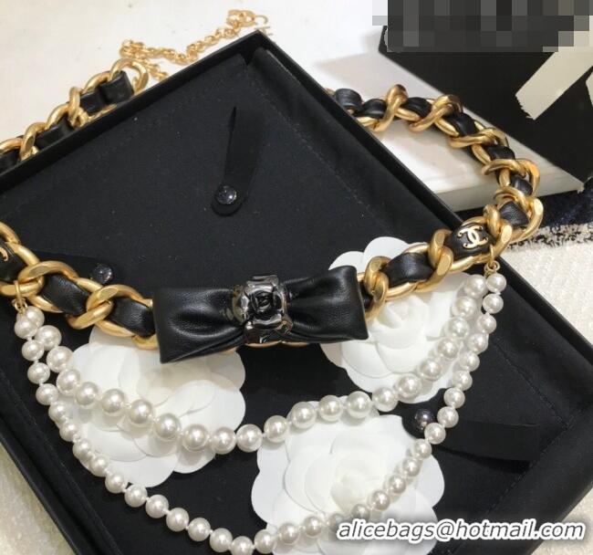 Luxury Cheap Chanel Chain Belt with Bow and Pearls CH1108 Black Leather 2023