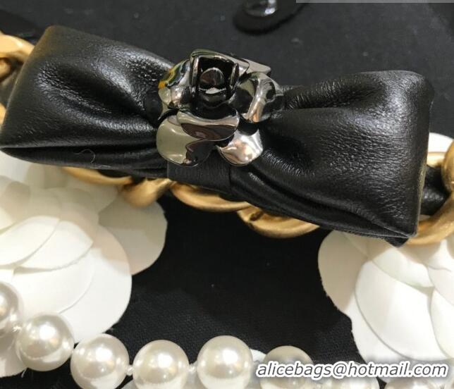 Luxury Cheap Chanel Chain Belt with Bow and Pearls CH1108 Black Leather 2023