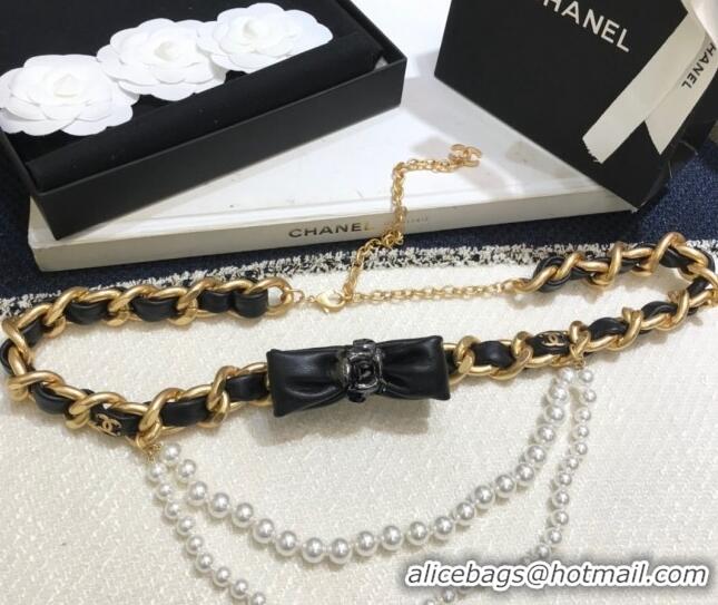 Luxury Cheap Chanel Chain Belt with Bow and Pearls CH1108 Black Leather 2023