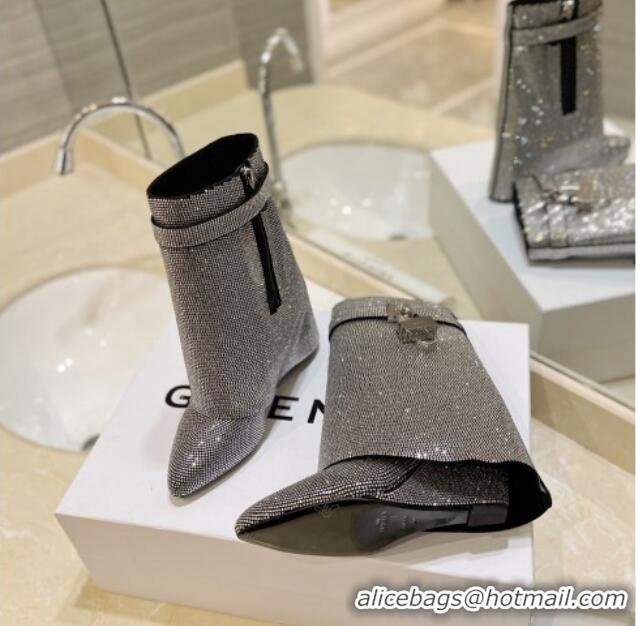 Unique Style Givenchy Shark Lock Wedge Ankle Boots 8.5cm with Allover Crystals Silver 923002