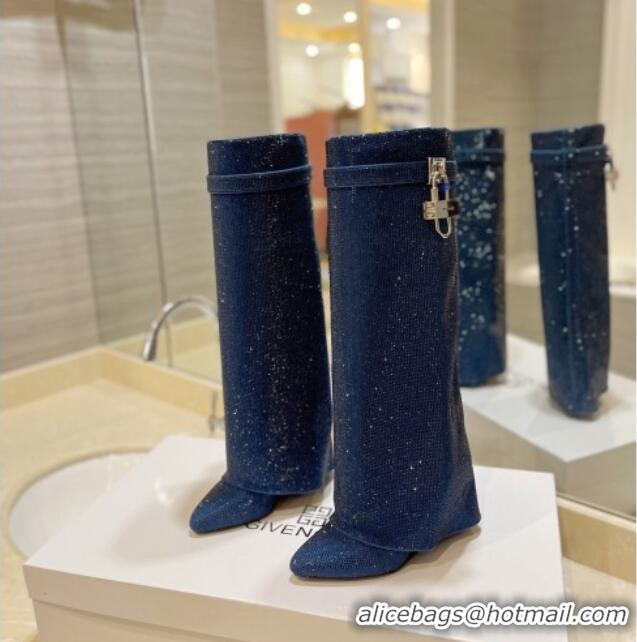 Purchase Givenchy Shark Lock Wedge High Boots 9cm with Allover Crystals Royal Blue 923007