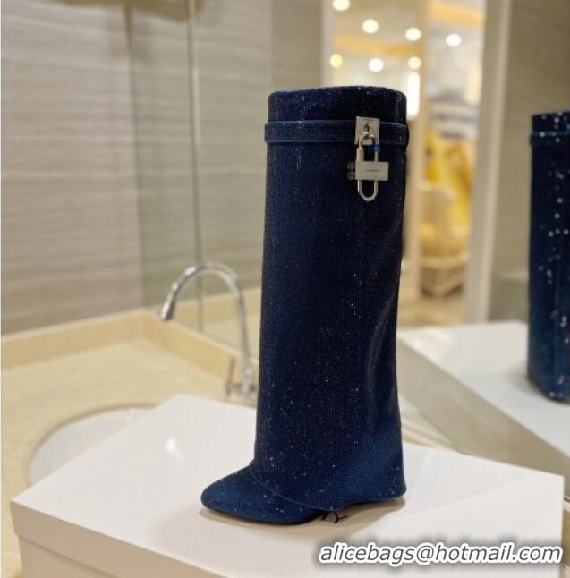 Purchase Givenchy Shark Lock Wedge High Boots 9cm with Allover Crystals Royal Blue 923007