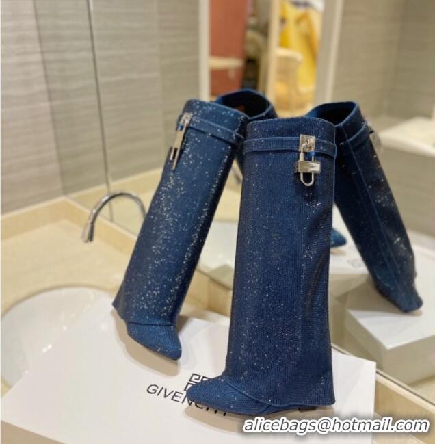 Purchase Givenchy Shark Lock Wedge High Boots 9cm with Allover Crystals Royal Blue 923007