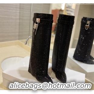 Good Quality Givenchy Shark Lock Wedge High Boots 9cm with Allover Crystals Black 923008