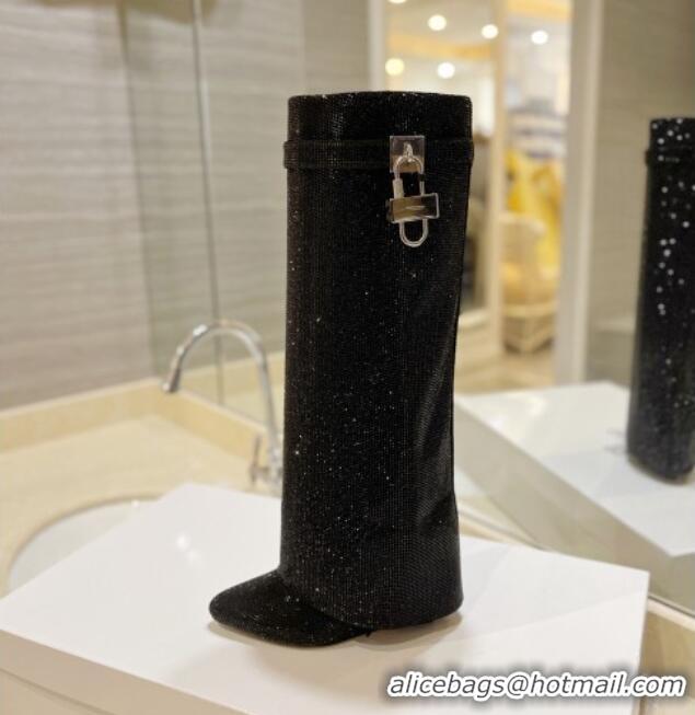 Good Quality Givenchy Shark Lock Wedge High Boots 9cm with Allover Crystals Black 923008