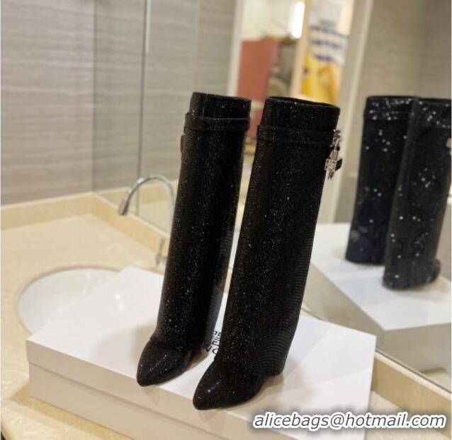 Good Quality Givenchy Shark Lock Wedge High Boots 9cm with Allover Crystals Black 923008