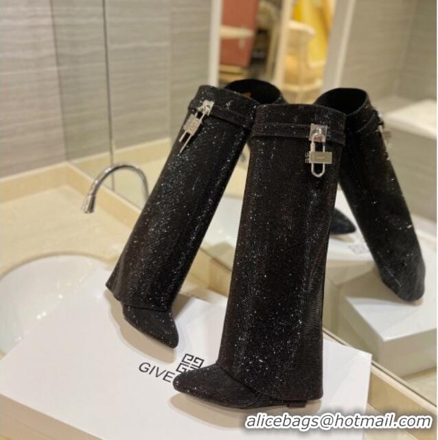 Good Quality Givenchy Shark Lock Wedge High Boots 9cm with Allover Crystals Black 923008