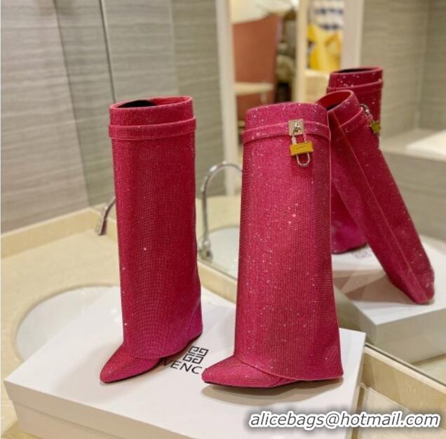 Top Design Givenchy Shark Lock Wedge High Boots 9cm with Allover Crystals Dark Pink 923010