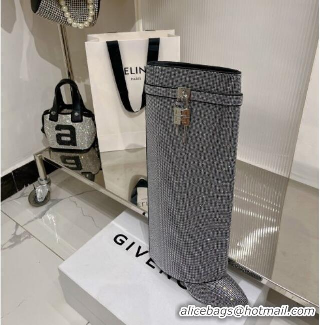 Charming Givenchy Shark Lock Wedge High Boots 9cm with Allover Crystals Silver 923012