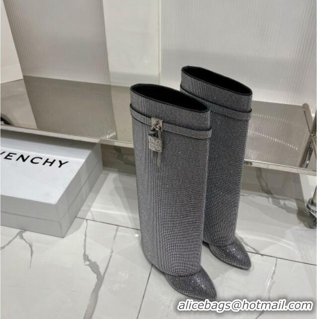 Charming Givenchy Shark Lock Wedge High Boots 9cm with Allover Crystals Silver 923012