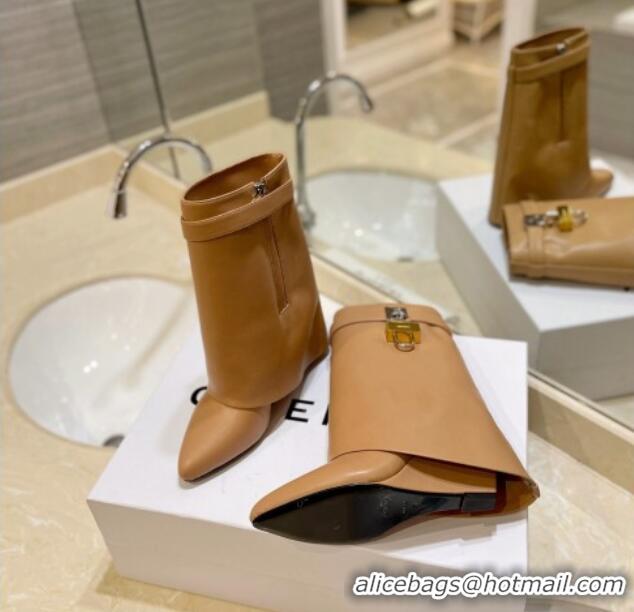 Popular Style Givenchy Shark Lock Wedge Ankle Boots 8.5cm in Leather Camel Brown 923016