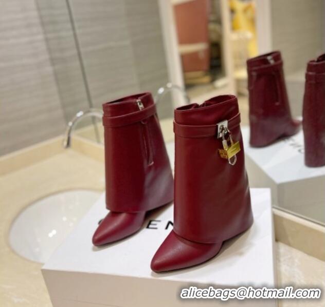 Classic Hot Givenchy Shark Lock Wedge Ankle Boots 8.5cm in Leather Burgundy 923018