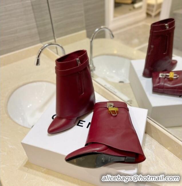 Classic Hot Givenchy Shark Lock Wedge Ankle Boots 8.5cm in Leather Burgundy 923018