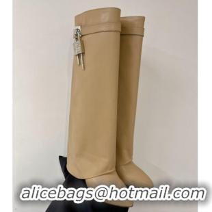 Grade Quality Givenchy Shark Lock Wedge High Boots 9cm in Leather Apricot 923023