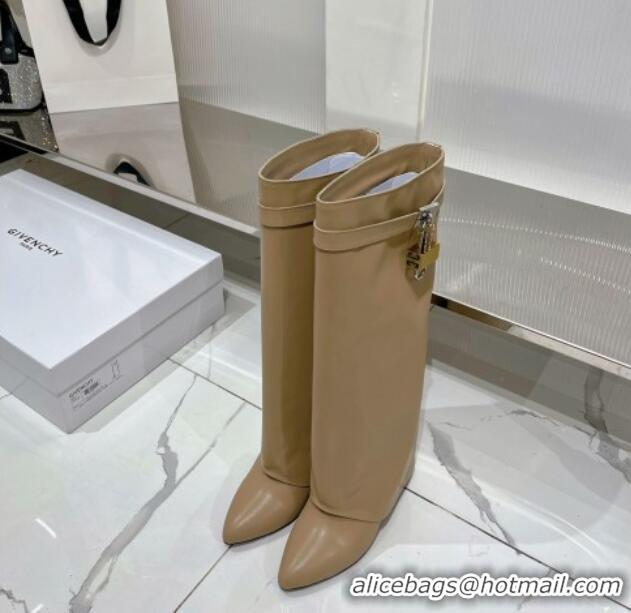 Grade Quality Givenchy Shark Lock Wedge High Boots 9cm in Leather Apricot 923023