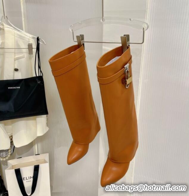 Best Grade Givenchy Shark Lock Wedge High Boots 9cm in Leather Caramel Brown 923024