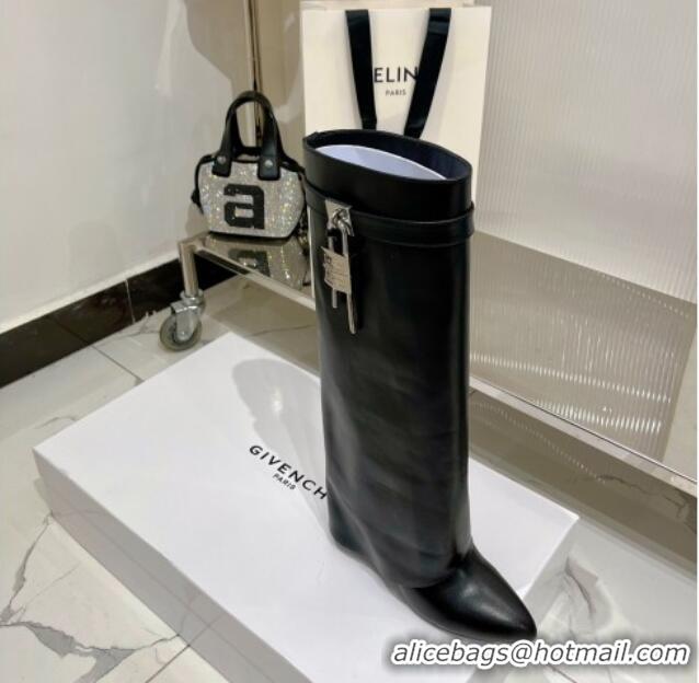 Best Price Givenchy Shark Lock Wedge High Boots 9cm in Leather Black 923026