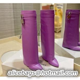 Popular Style Givenchy Shark Lock Wedge High Boots 9cm in Leather Purple 923029