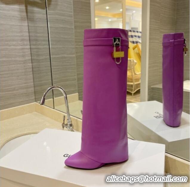 Popular Style Givenchy Shark Lock Wedge High Boots 9cm in Leather Purple 923029