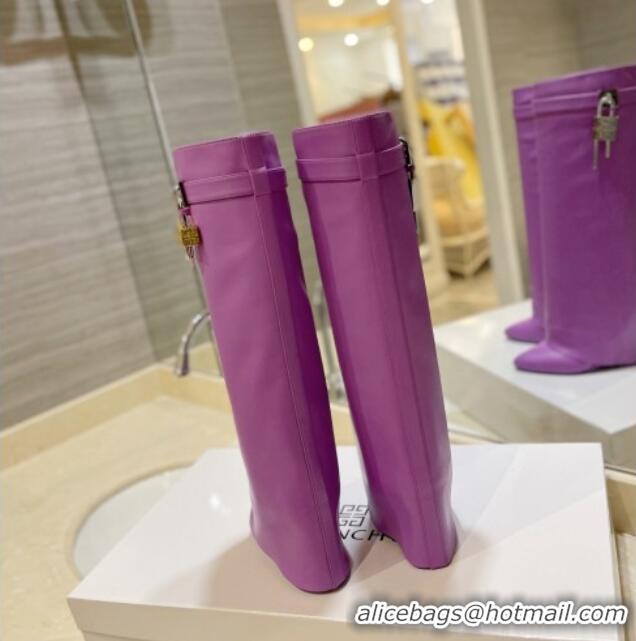 Popular Style Givenchy Shark Lock Wedge High Boots 9cm in Leather Purple 923029