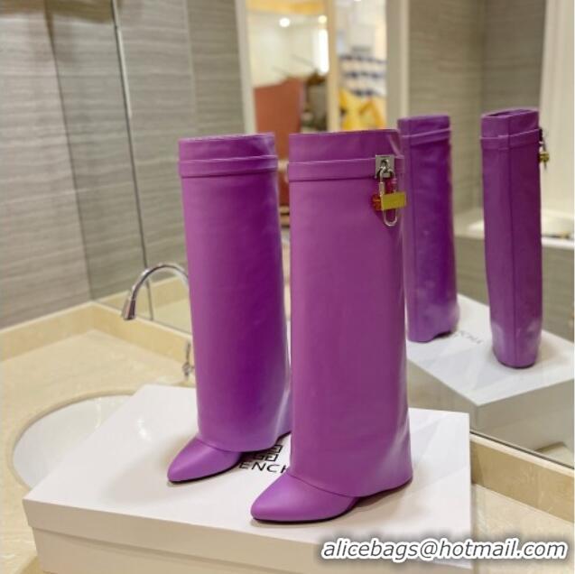 Popular Style Givenchy Shark Lock Wedge High Boots 9cm in Leather Purple 923029