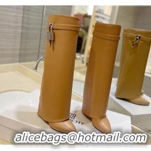 Good Quality Givenchy Shark Lock Wedge High Boots 9cm in Leather Camel Brown 923034