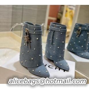 Top Design Givenchy Shark Lock Wedge Ankle Boots 9cm in Washed Denim with Pearls Blue 923037