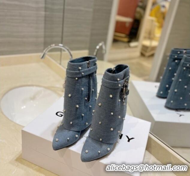 Top Design Givenchy Shark Lock Wedge Ankle Boots 9cm in Washed Denim with Pearls Blue 923037