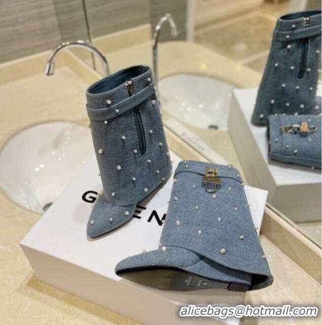 Top Design Givenchy Shark Lock Wedge Ankle Boots 9cm in Washed Denim with Pearls Blue 923037