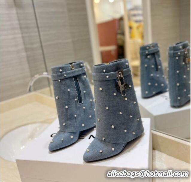 Top Design Givenchy Shark Lock Wedge Ankle Boots 9cm in Washed Denim with Pearls Blue 923037