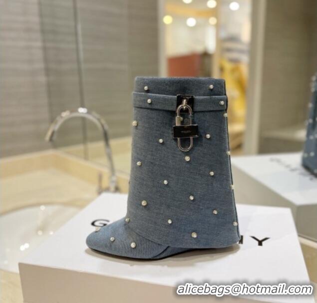 Top Design Givenchy Shark Lock Wedge Ankle Boots 9cm in Washed Denim with Pearls Blue 923037