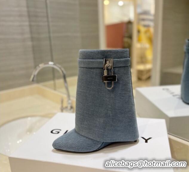 Good Product Givenchy Shark Lock Wedge Ankle Boots 9cm in Washed Denim Light Blue 923038