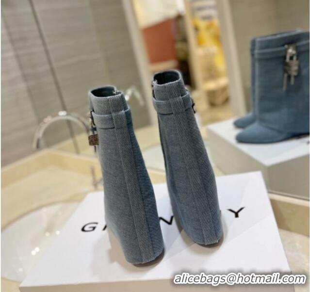 Good Product Givenchy Shark Lock Wedge Ankle Boots 9cm in Washed Denim Light Blue 923038