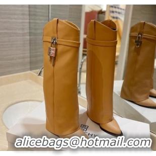 Buy Duplicate Givenchy Shark Lock Wedge High Boots 8.5cm in Calf Leather Camel Brown 923048