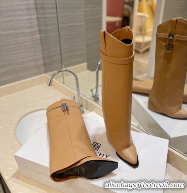 Buy Duplicate Givenchy Shark Lock Wedge High Boots 8.5cm in Calf Leather Camel Brown 923048