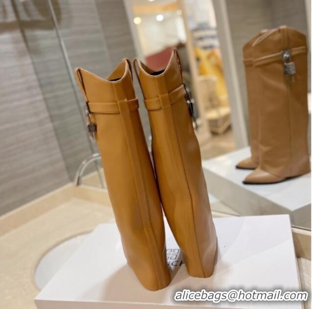 Buy Duplicate Givenchy Shark Lock Wedge High Boots 8.5cm in Calf Leather Camel Brown 923048