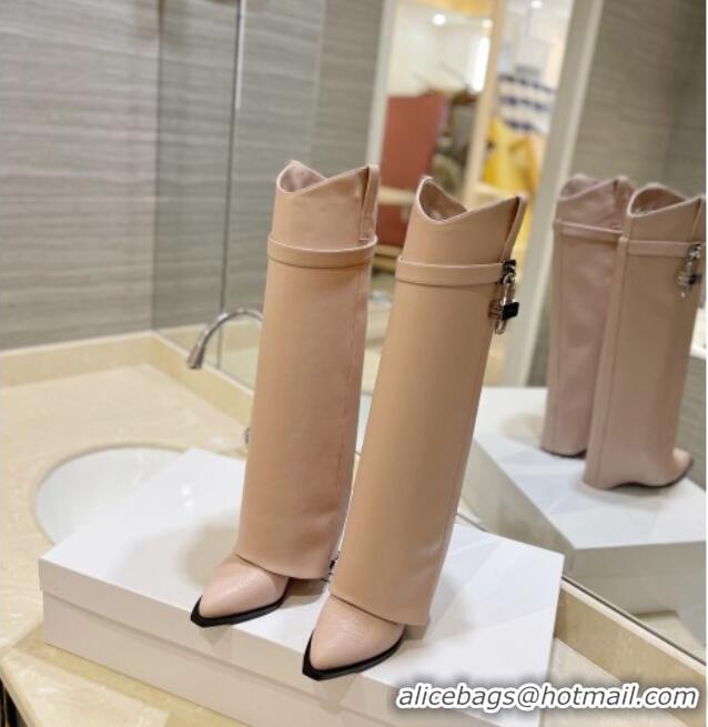 Low Price Givenchy Shark Lock Wedge High Boots 8.5cm in Calf Leather Nude Pink 923051