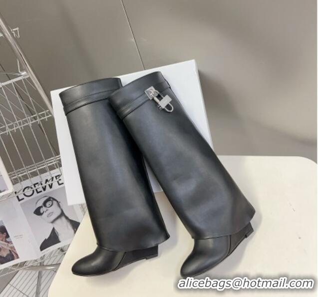 Best Luxury Givenchy Shark Lock Wedge High Boots 8.5cm in Leather Black 926095