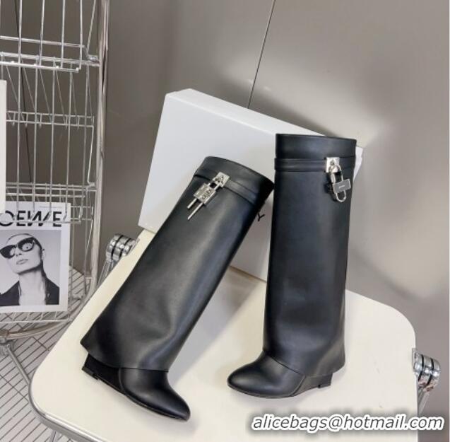 Best Luxury Givenchy Shark Lock Wedge High Boots 8.5cm in Leather Black 926095